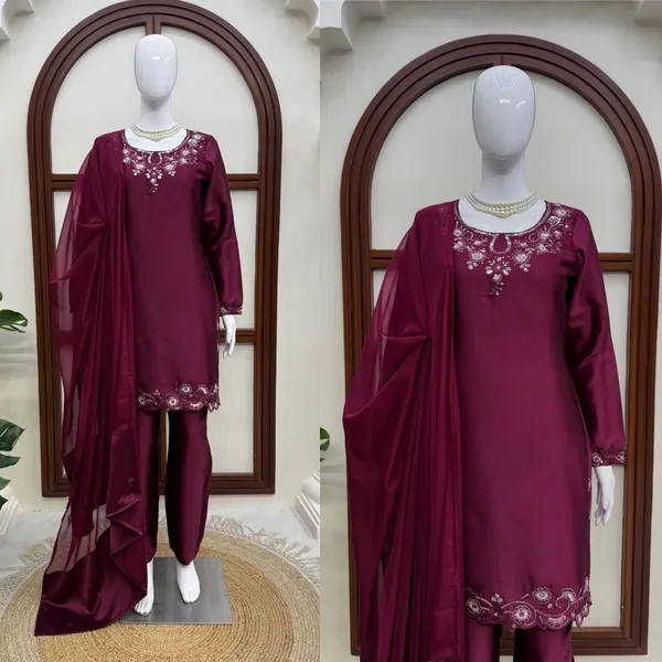 Wine_American_Silk_Straight_Embroidered_Kurta_Set_For_Women
