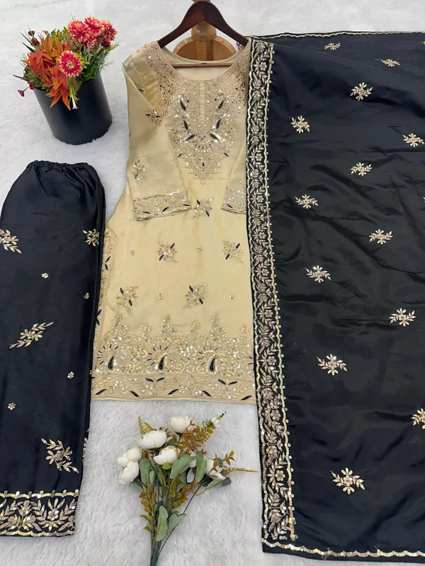Cream_Black_Zmy_Silk_Straight_Suit_Set_For_Women