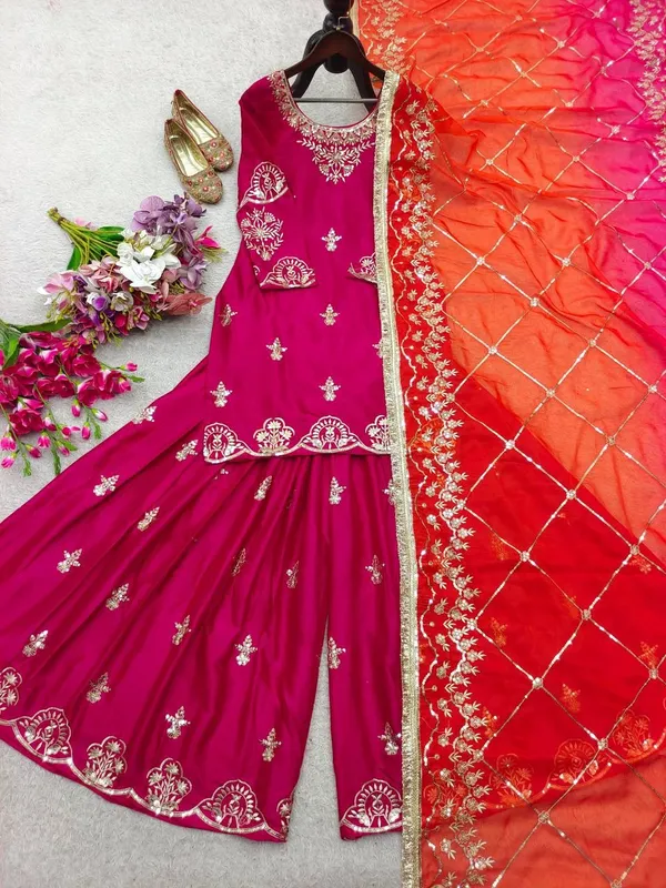 Magenta_Chinnon_Silk_Embroidered_Kurta_Palazzo_Set_For_Women