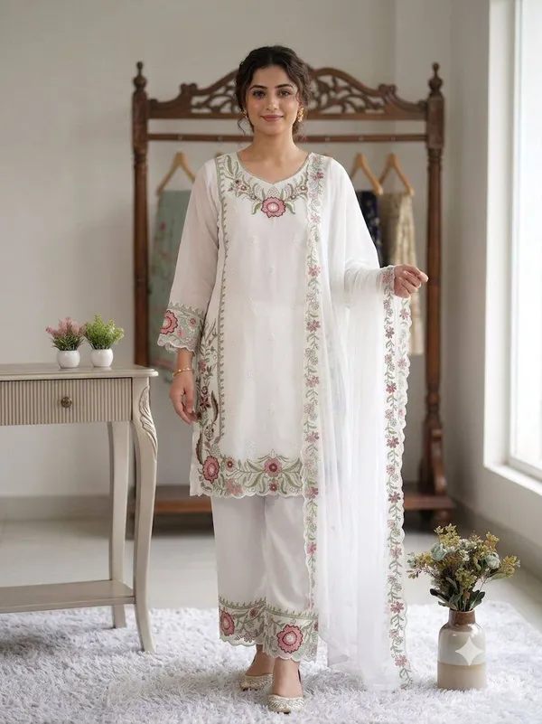 White_Faux_Georgette_Straight_Salwar_Suit_Set_For_Women