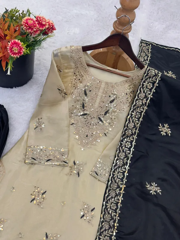 Cream_Black_Zmy_Silk_Straight_Suit_Set_For_Women