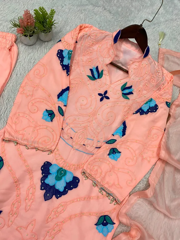 Peach_Organza_Straight_Embroidered_Kurta_Set_For_Girls