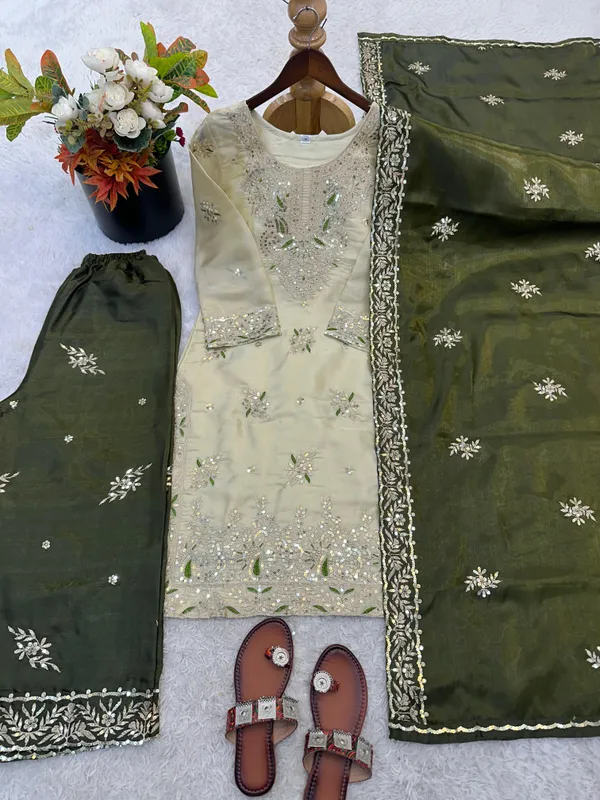 Beige_Olive_Green_Zmy_Silk_Straight_Kurta_Set_For_Women