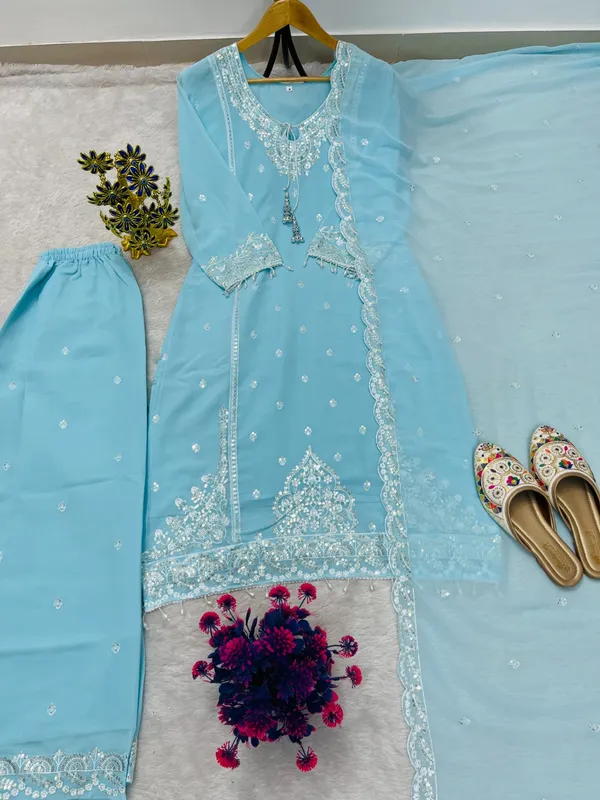 Sky_Blue_Georgette_Straight_Kurta_Set_For_Women