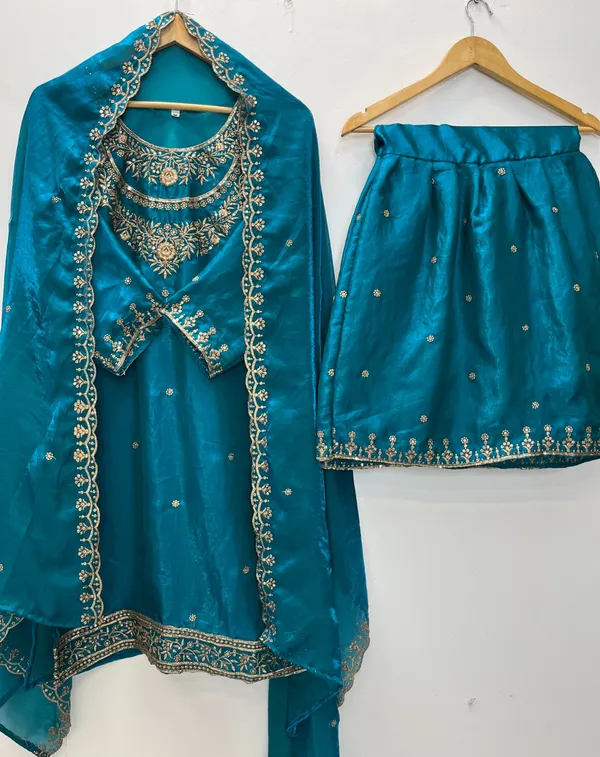 Teal_Embroidered_Flared_Kurta_Set_For_Women