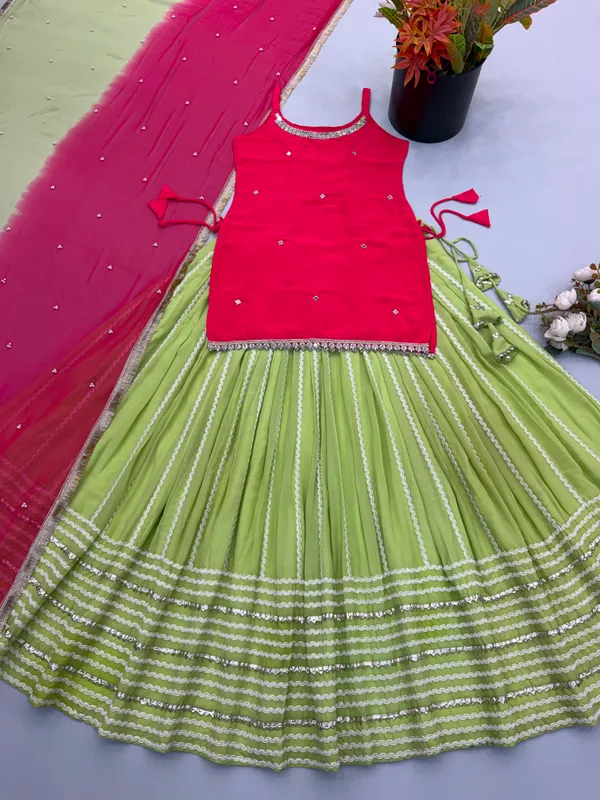 Pink_Green_Faux_Cotton_Embroidered_Lehenga_Choli_Set_For_Women