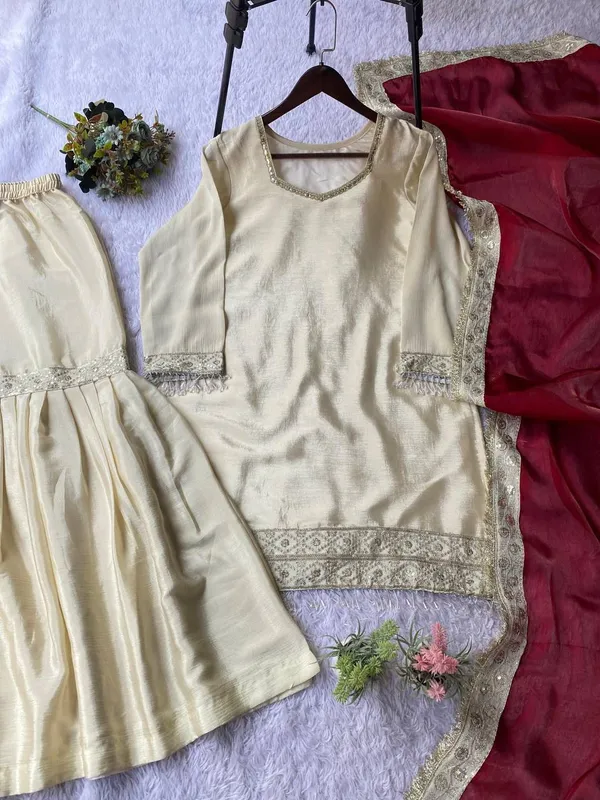 Cream_Chinnon_Silk_Embellished_Sharara_Suit_Set_For_Women