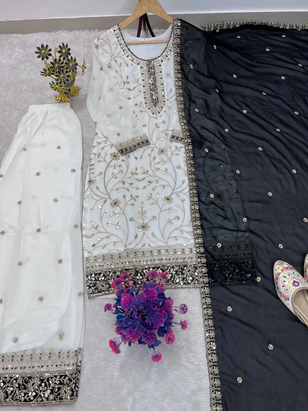 White_Faux_Georgette_Embroidered_Kurta_Set_For_Women
