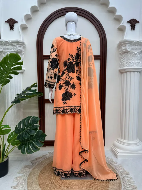 Peach_Faux_Georgette_Straight_Kurta_Palazzo_Set_For_Women