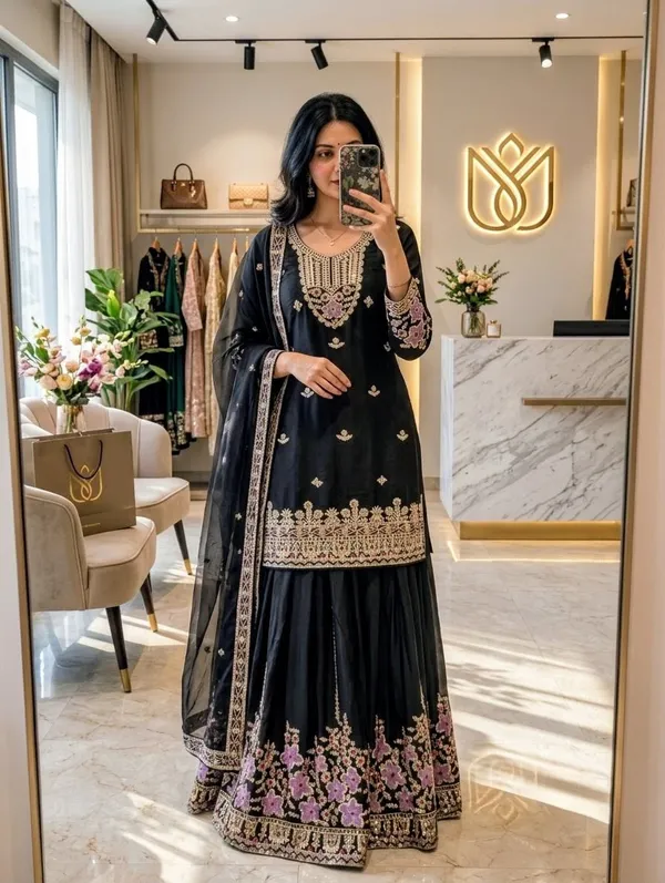 Black_Chinon_Silk_Straight_Embroidered_Kurta_Sharara_Set_For_Women