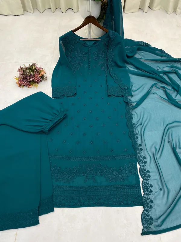 Teal_Georgette_Straight_Embroidered_Kurta_Set_For_Women