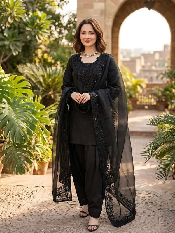 Black_Crepe_Organza_Silk_Straight_Kurta_Set_For_Women