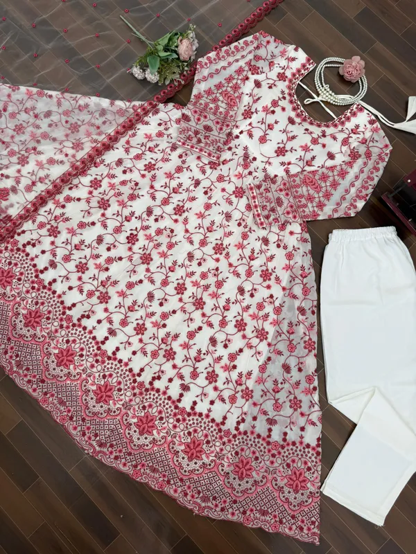 White_Faux_Georgette_Floral_Print_Anarkali_Suit_Set_For_Women