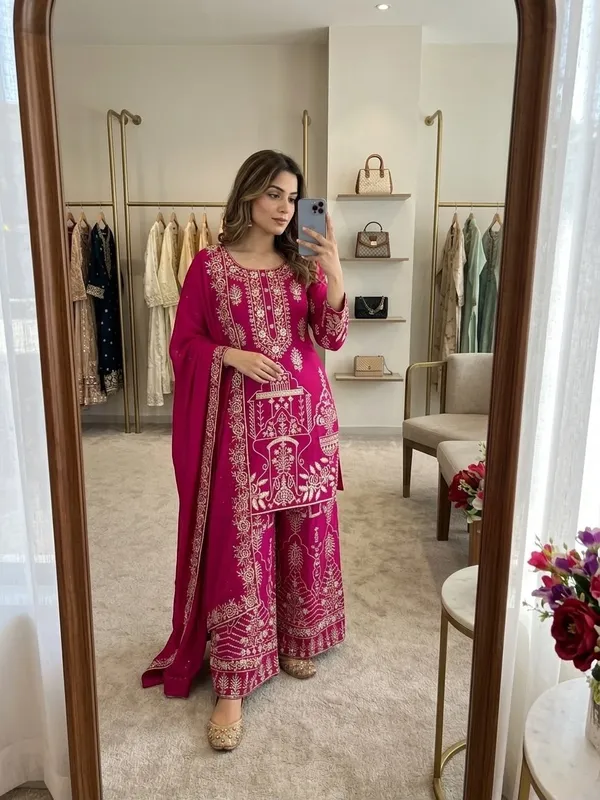 Magenta_Vichitra_Silk_Straight_Embroidered_Kurta_Set_For_Women