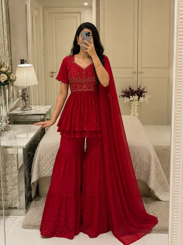 Red_Georgette_Embellished_Flared_Sharara_Suit_Set_For_Women