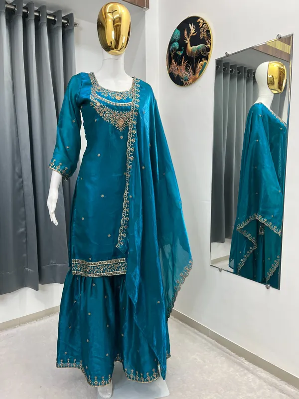 Teal_Embroidered_Flared_Kurta_Set_For_Women