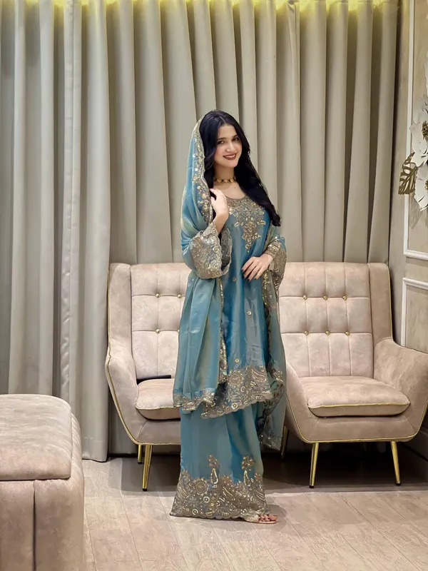 Teal_Silk_Straight_Suit_Set_For_Women
