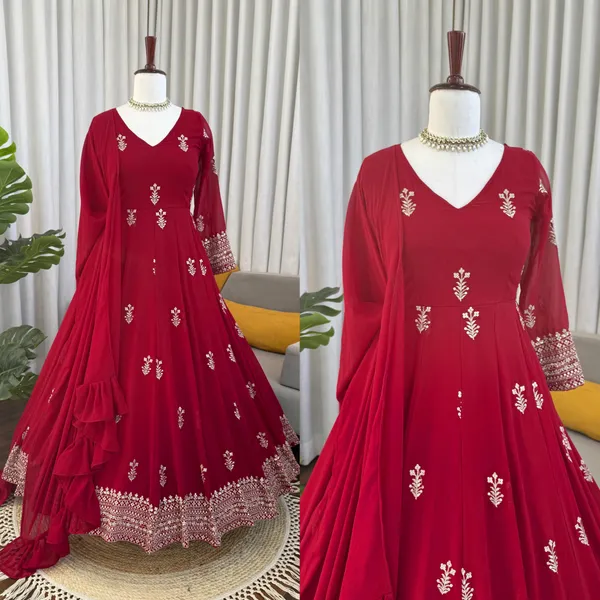 Red_Faux_Georgette_Flared_Anarkali_Suit_Set_For_Women