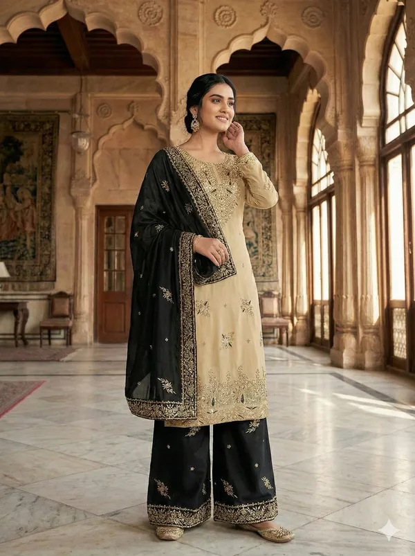 Cream_Black_Zmy_Silk_Straight_Suit_Set_For_Women