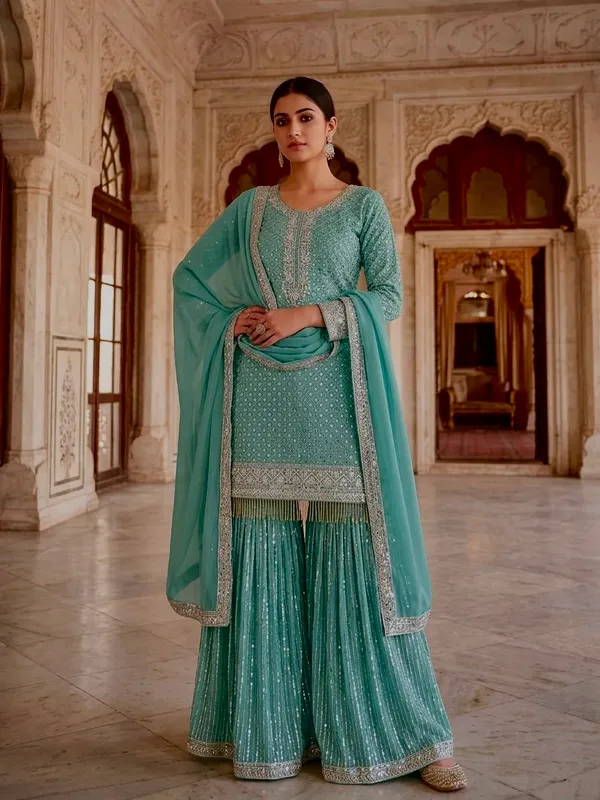 Teal_Georgette_Straight_Embellished_Sharara_Suit_Set_For_Women