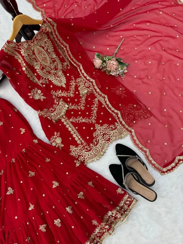 Red_Faux_Georgette_Flared_Sharara_Set_For_Women