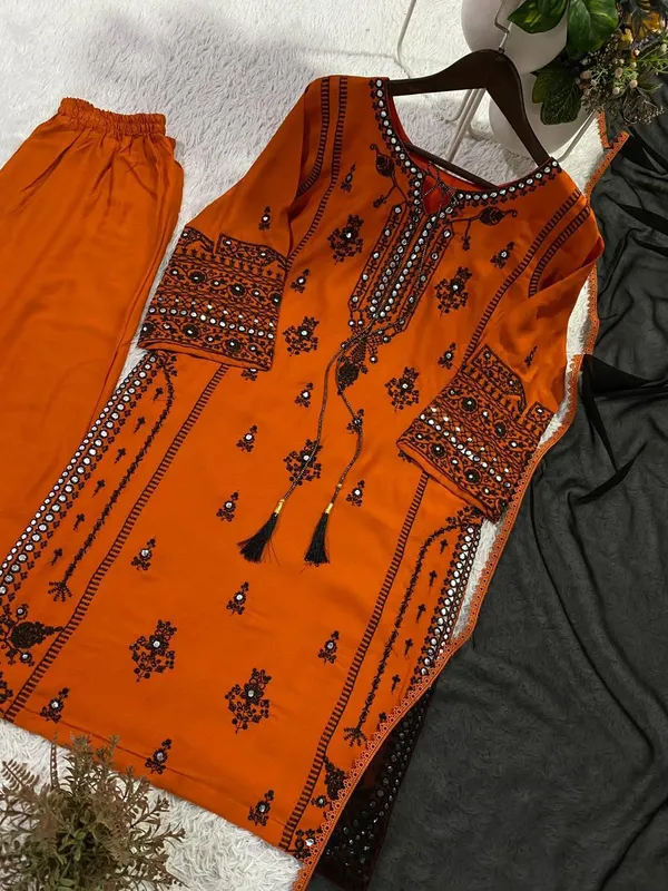 Orange_Rayon_Embellished_Straight_Kurta_Set_For_Women