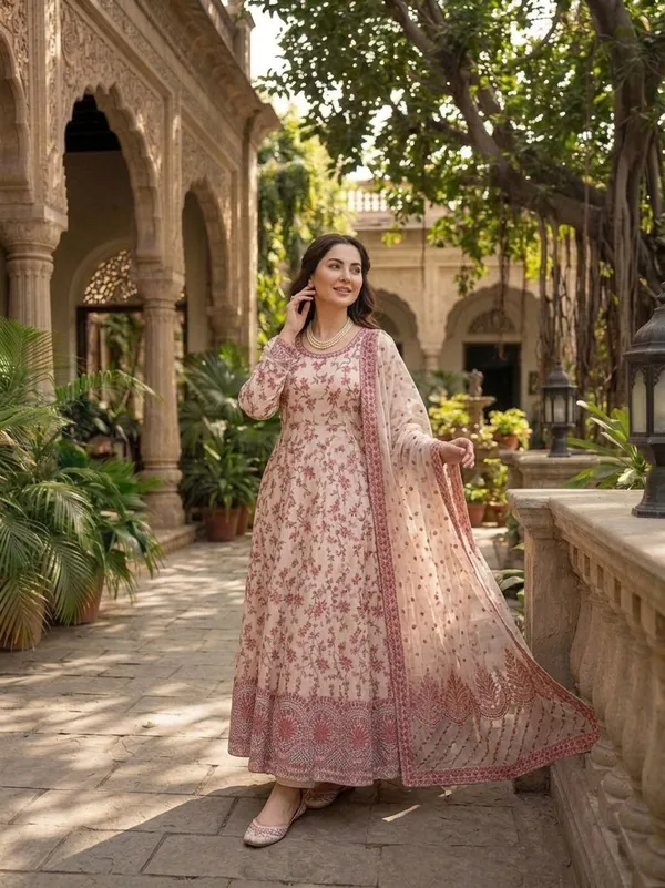 White_Faux_Georgette_Floral_Print_Anarkali_Suit_Set_For_Women