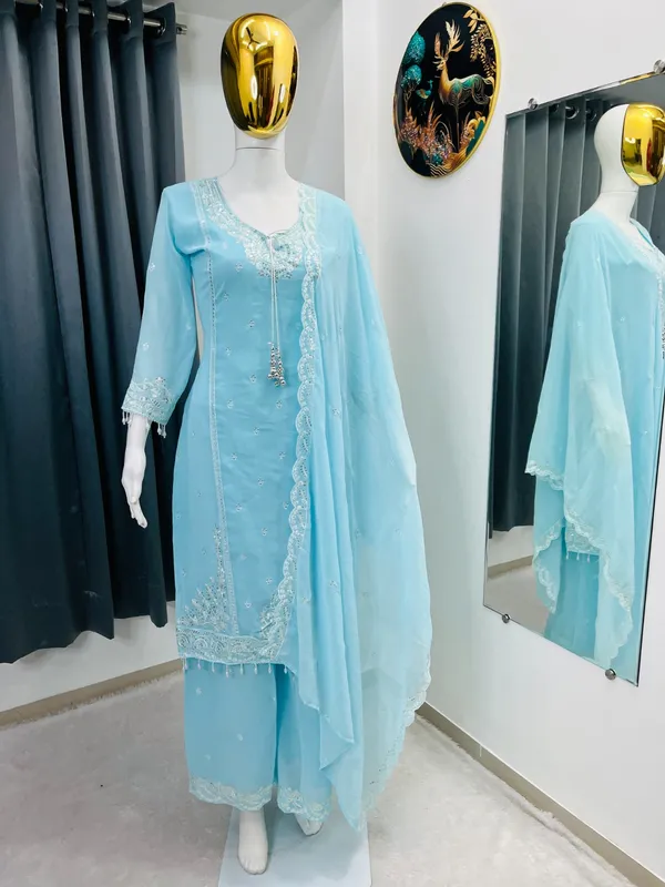 Sky_Blue_Georgette_Straight_Kurta_Set_For_Women