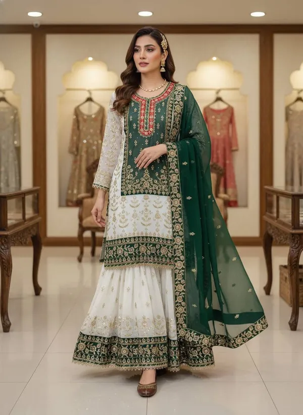 Green_White_Faux_Georgette_Embroidered_Sharara_Suit_For_Women
