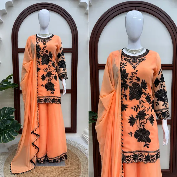 Peach_Faux_Georgette_Straight_Kurta_Palazzo_Set_For_Women