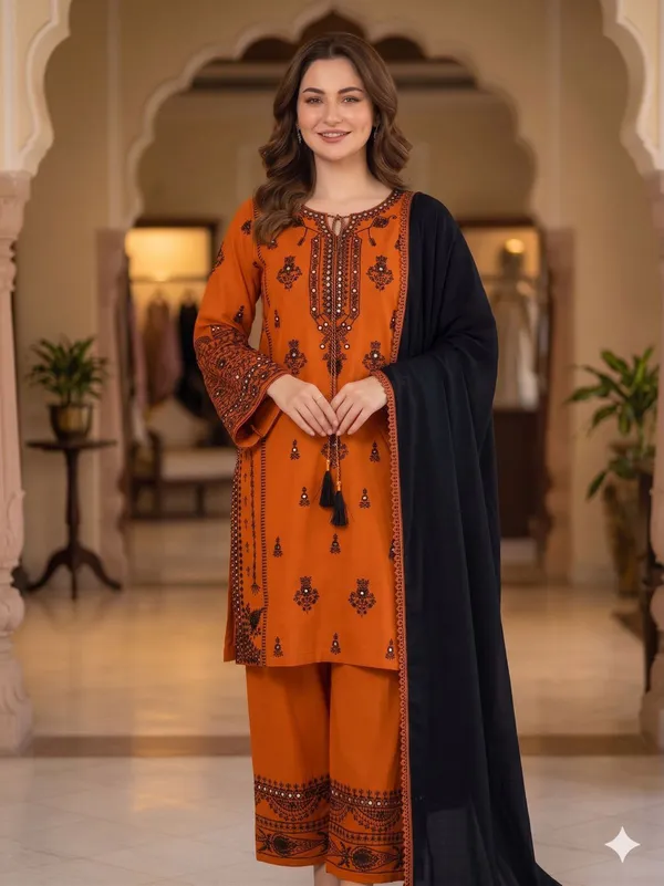 Orange_Rayon_Embellished_Straight_Kurta_Set_For_Women