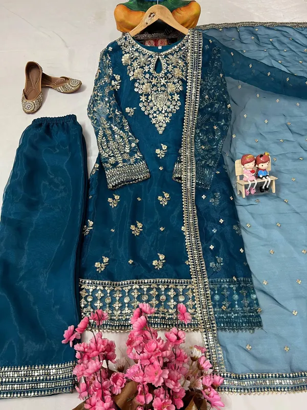 Blue_Organza_Silk_Straight_Fit_Kurta_Set_For_Women