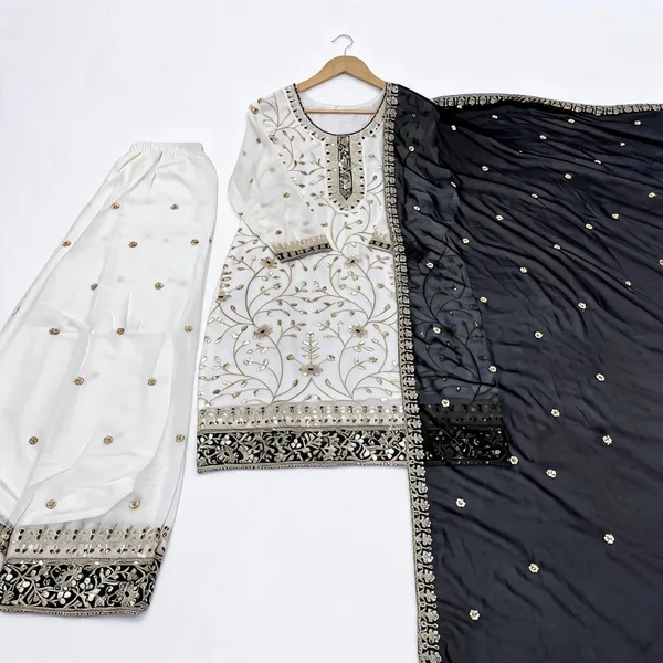 White_Faux_Georgette_Embroidered_Kurta_Set_For_Women