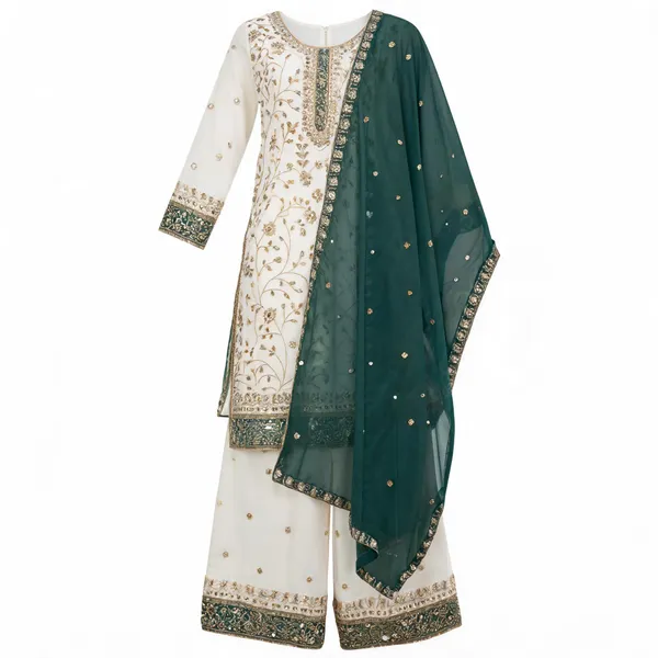 White_Deep_Green_Faux_Georgette_Straight_Salwar_Suit_For_Women