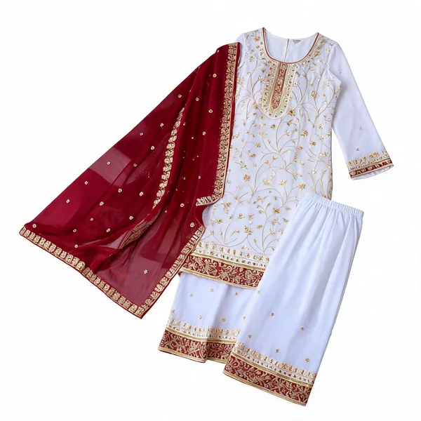 White_Red_Faux_Georgette_Straight_Kurta_Set_For_Women
