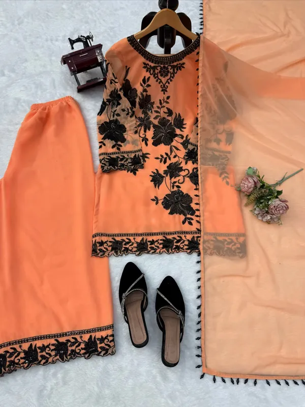 Peach_Faux_Georgette_Straight_Kurta_Palazzo_Set_For_Women