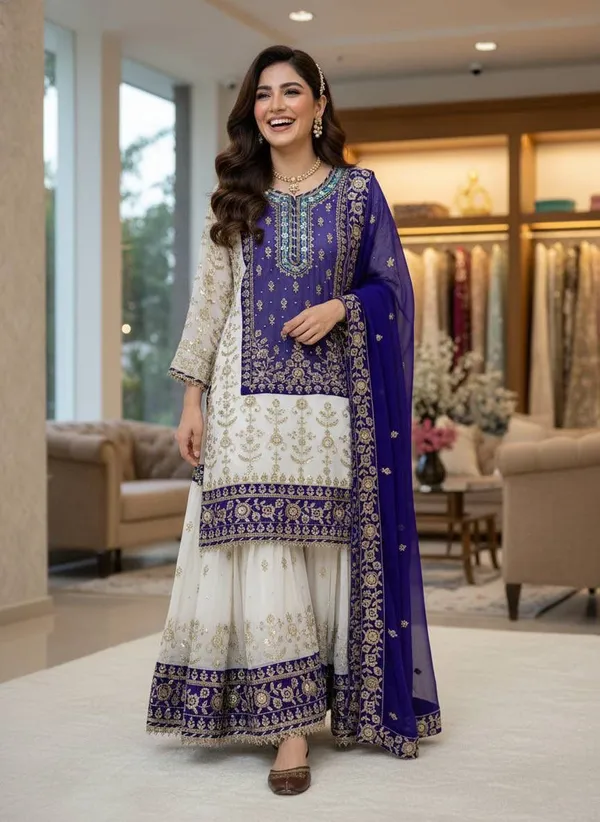 White_Royal_Blue_Faux_Georgette_Embroidered_Anarkali_Suit_Set_For_Women