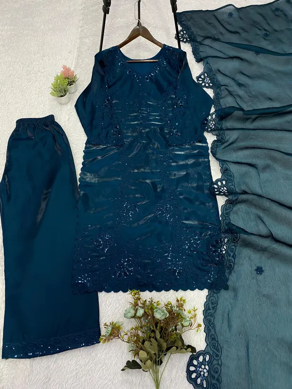 Teal_Silk_Embroidered_Straight_Kurta_Set_For_Women