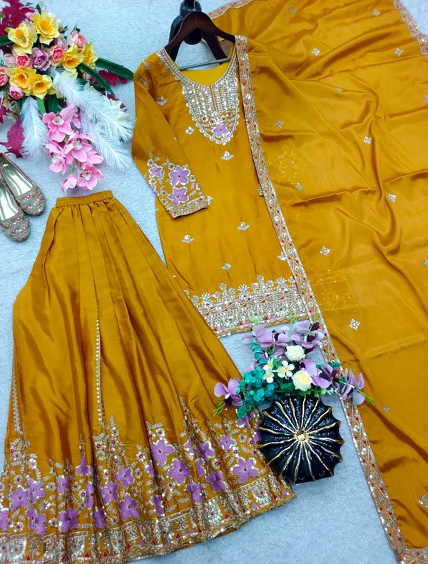 Mustard_Chinon_Silk_Straight_Embroidered_Kurta_Sharara_Set_For_Women