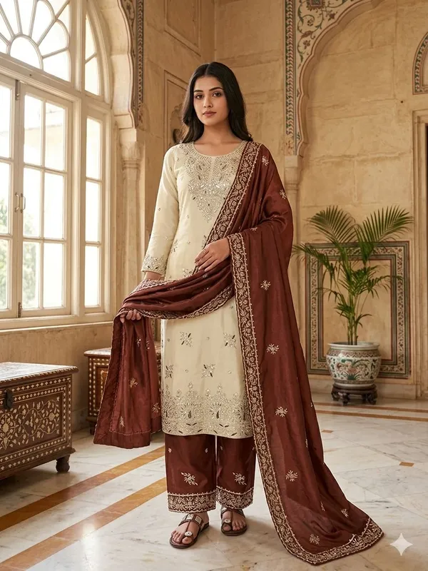 Cream_Brown_Zmy_Silk_Straight_Kurta_Set_For_Women