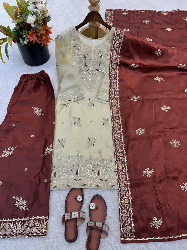 Cream_Brown_Zmy_Silk_Straight_Kurta_Set_For_Women