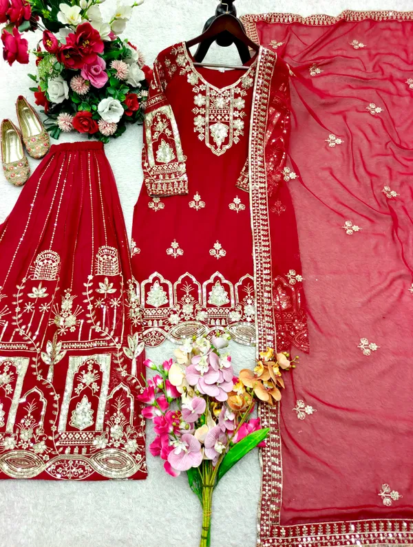 Red_Faux_Georgette_Embroidered_Lehenga_Choli_Set_For_Women
