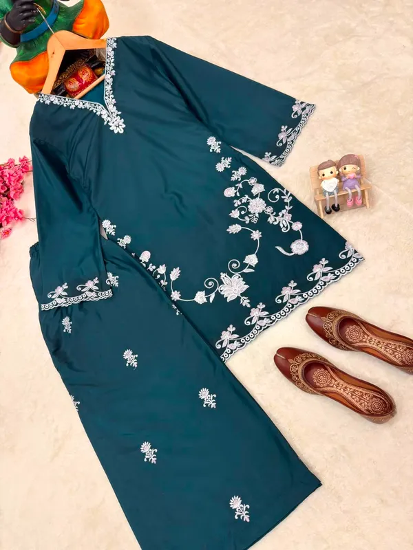 Teal_French_Crepe_Embroidered_Straight_Kurta_Set_For_Women