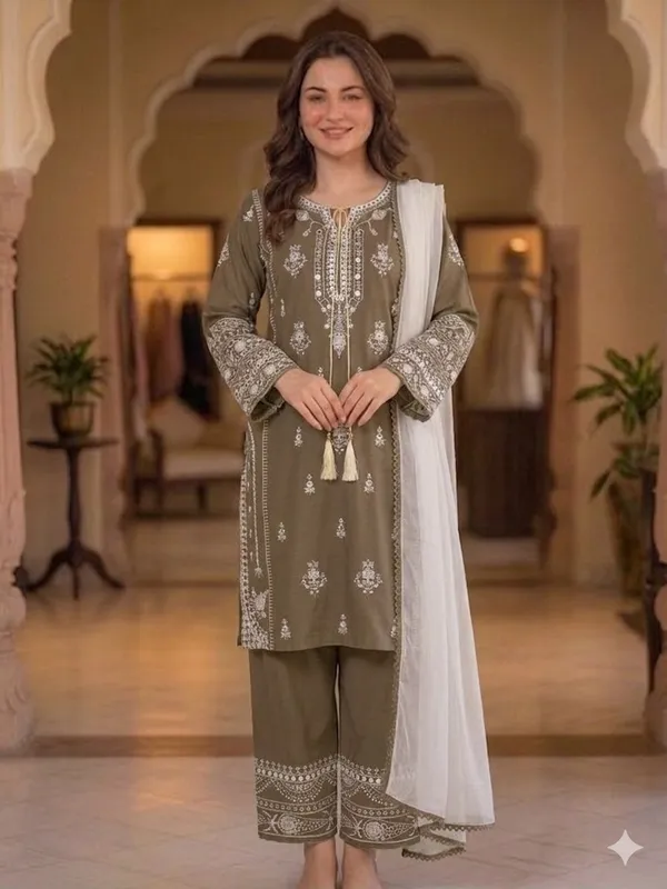 Olive_Rayon_Embroidered_Straight_Kurta_Set_For_Women