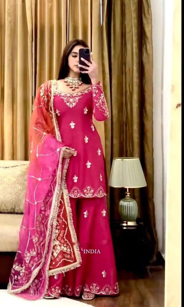 Magenta_Chinnon_Silk_Embroidered_Kurta_Palazzo_Set_For_Women