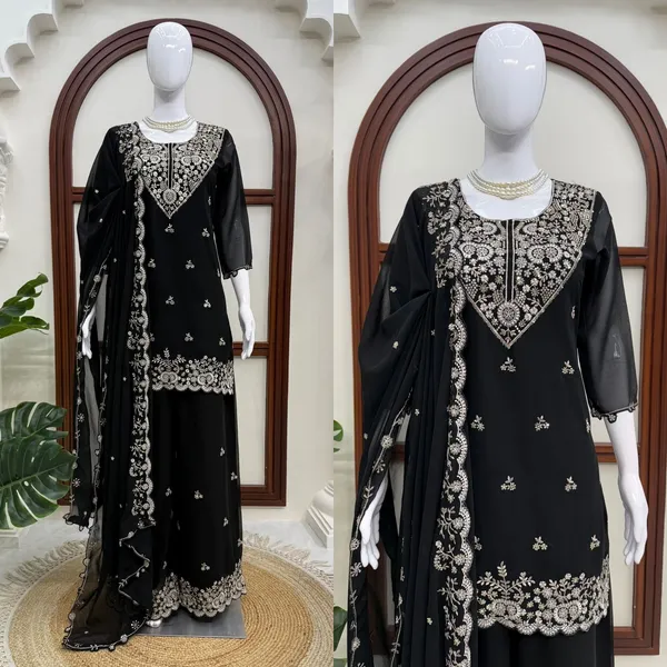 Black_Faux_Georgette_Straight_Kurta_Set_For_Women