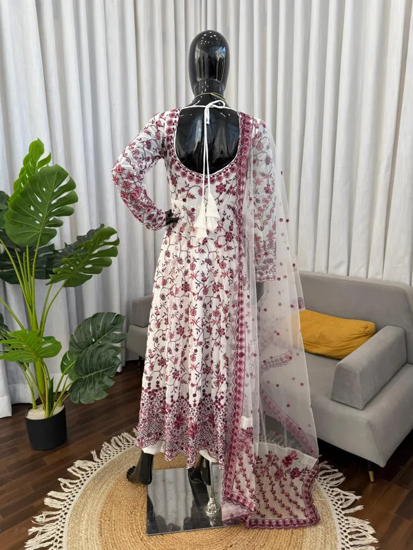 White_Faux_Georgette_Floral_Print_Anarkali_Suit_Set_For_Women
