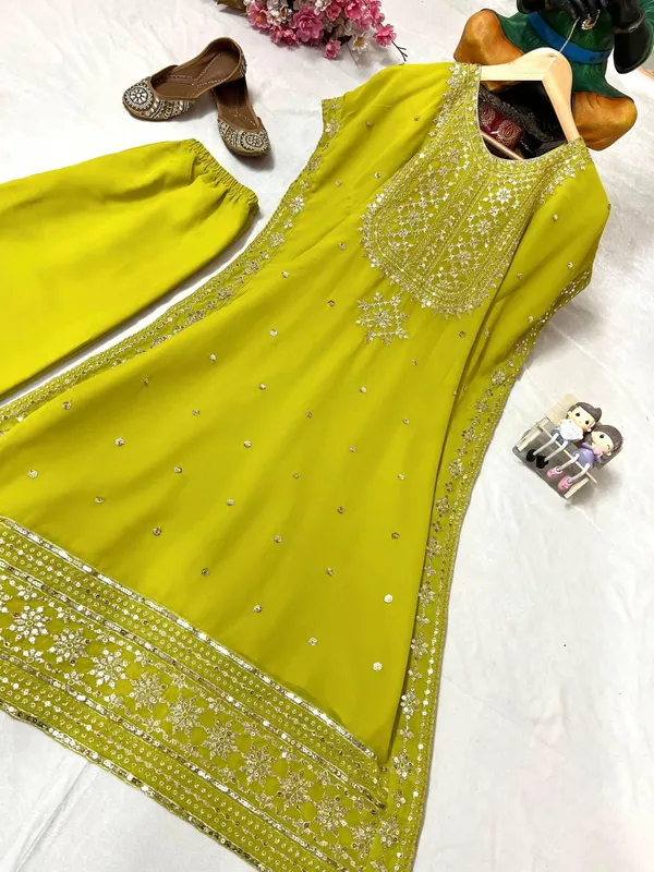 Lime_Green_Faux_Georgette_Embroidered_Kurta_Set_For_Women