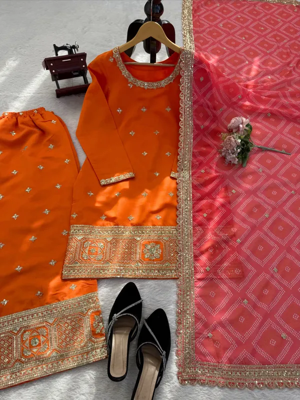 Orange_Chinon_Straight_Embroidered_Kurta_Set_For_Women