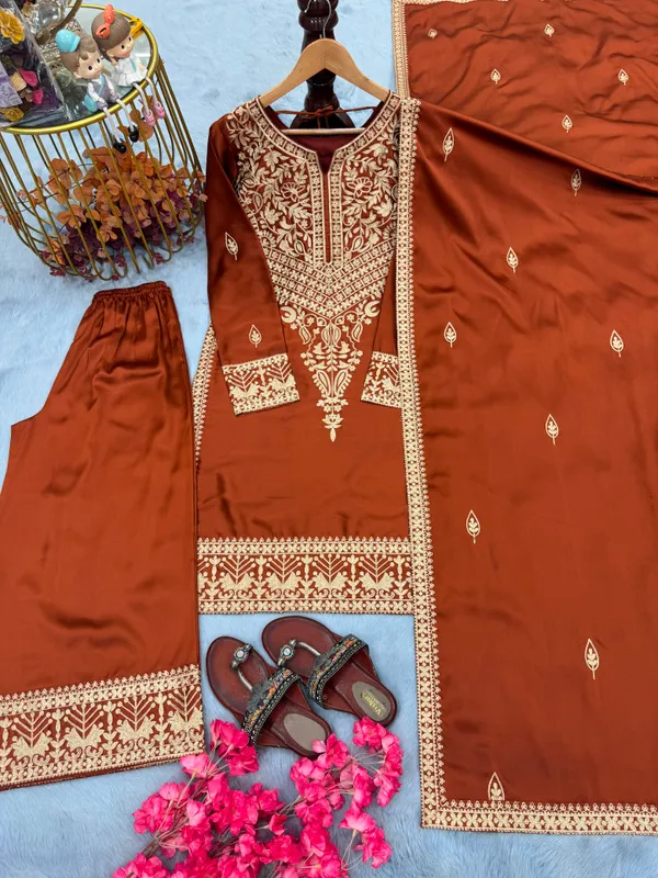 Brown_Chinon_Straight_Embroidered_Suit_Set_For_Women